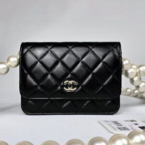 CHANEL Calfskin Quilted Mini Maxi Pearls Wallet On Chain WOC Black